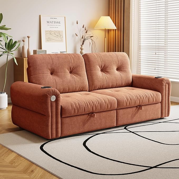 KEIKI 3 in 1 Sleeper Sofa Bed 80.4 Pull Out Couch Loveseat Sofa Futon Bed with USB Port for Living Room Bedroom Apartment Orange