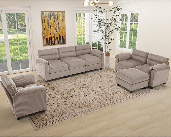 Corduroy Sofa Set Upholstered Ottoman Footrest Modern Living Room Furniture SetsBrown