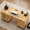 55 Fluted Executive Desk Modern Wood Home Office Desk with Charging Station Keyboard Tray File Drawer Storage Cabinet Computer Writing Desk for Work Study Writing Natural Oak