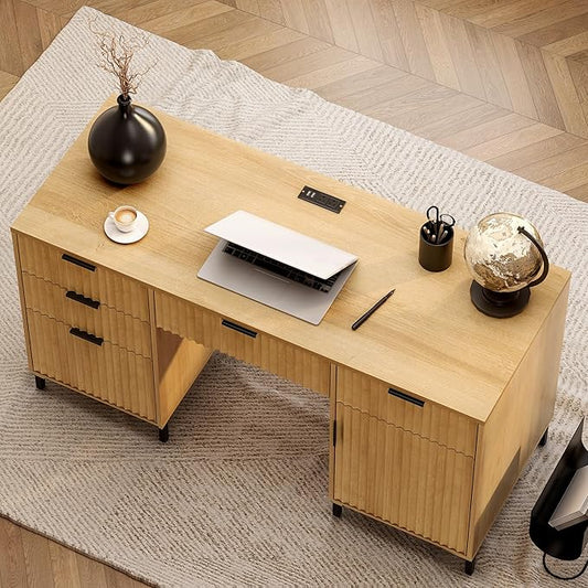 55 Fluted Executive Desk Modern Wood Home Office Desk with Charging Station Keyboard Tray File Drawer Storage Cabinet Computer Writing Desk for Work Study Writing Natural Oak