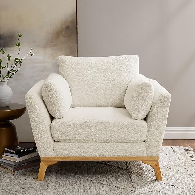 VANOMi Large-Sized Accent Chair Thick Cushion Bedroom Reading Chair Comfortable Living Room Single Sofa Boucle Milky White