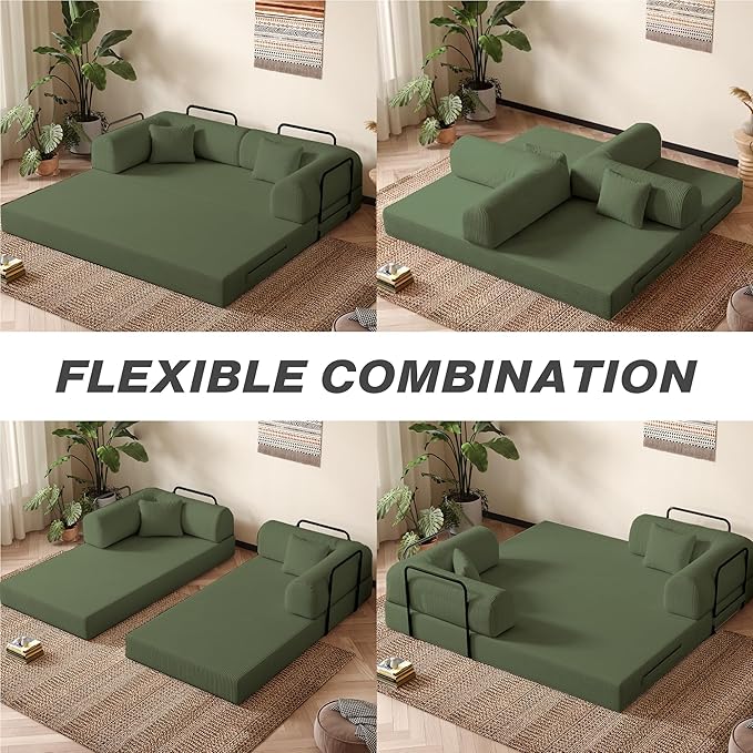 79'' Folding Sofa Bed 5-in-1 Convertible Sofa Bed BonelessComfy Foldable Foam Couch with Pillow Modular Floor Couch for Living RoomBedroomLounge - Corduroy OliveGreen