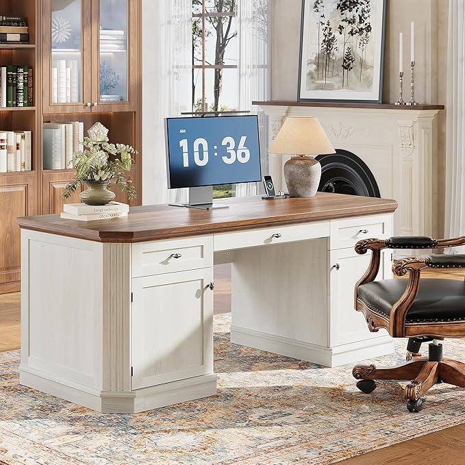 59 Classic Executive Desk with Storage Victorian Executive Desk with Charging Station Keyboard Tray 3 Drawers &amp Cabinet Storage &amp Pedestal Easy Assembly White