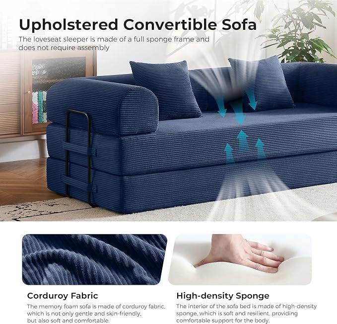 5-in-1 Convertible Cloud Sofa Bed | 79 High-Density Foam with Plush Seat &amp Straight Armrests | No-Assembly Folding Bed for Small Space Living Room Apartment (Navy Blue)