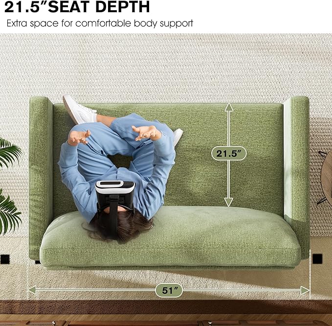 51 Loveseat Sleeper Sofa Bed Chenille Convertible Floor Sofa Bed for Small Spaces Folding Couch Bed with Deep Seat 2 Pillows &amp Solid Frame Pull Out Floor Couch for Living Room Green