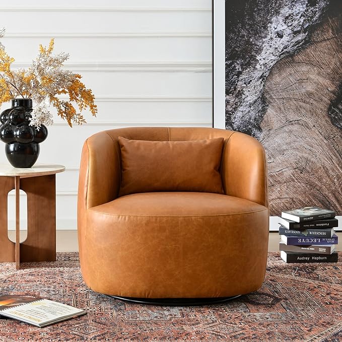 KINWELL 33'' W 100% Top Grain Genuine Leather Swivel Barrel Armchair No Assembly Round Upholstered Leather Swivel Accent Chairs with Toss Pillow for Living Room Office Lounge Camel