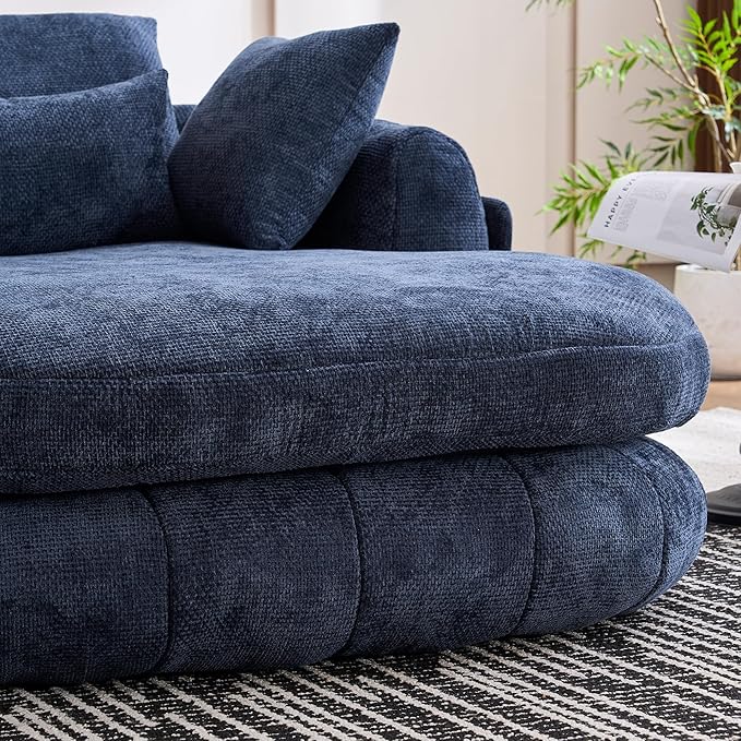Oversized Chaise Lounge Indoor Deep Seat Boneless Sofa Bed with Throw Pillows Plush Chenille Fabric No Assembly Required Comfy Sleeper Sofa for Living Room Bedroom (Blue with Pocket)