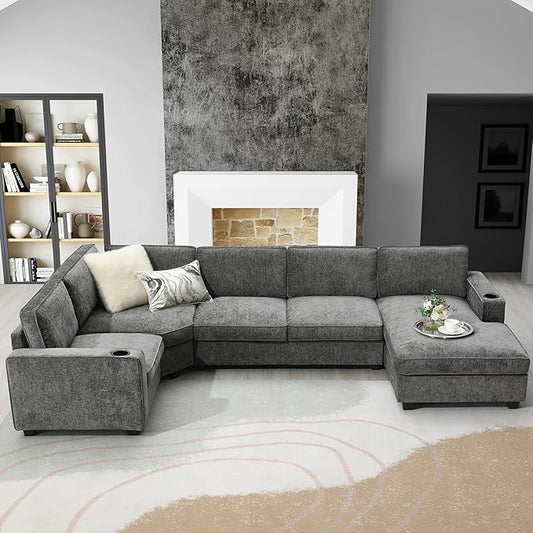 Merax Modern U-Shaped Cloud Couch Set with Oversized Chaise Lounge Chenille 6-Seat Sectional Sofa Sleeper Bed with Cup Holders for Living Room Dark Gray