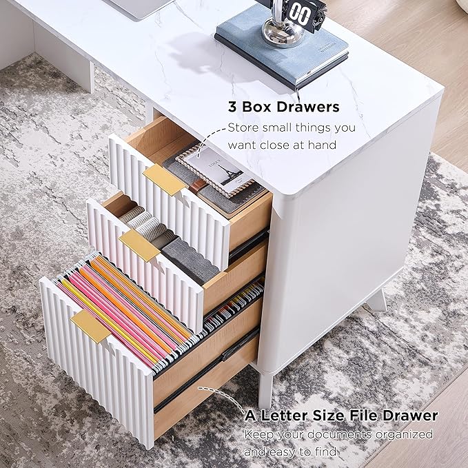 T4TREAM Fluted Executive Desk with Drawers 60 Modern Home Office Computer Desk with Charging Station File Cabinet Keyboard Tray and Storage Cabinet for Study Living Room Bedroom Solid White