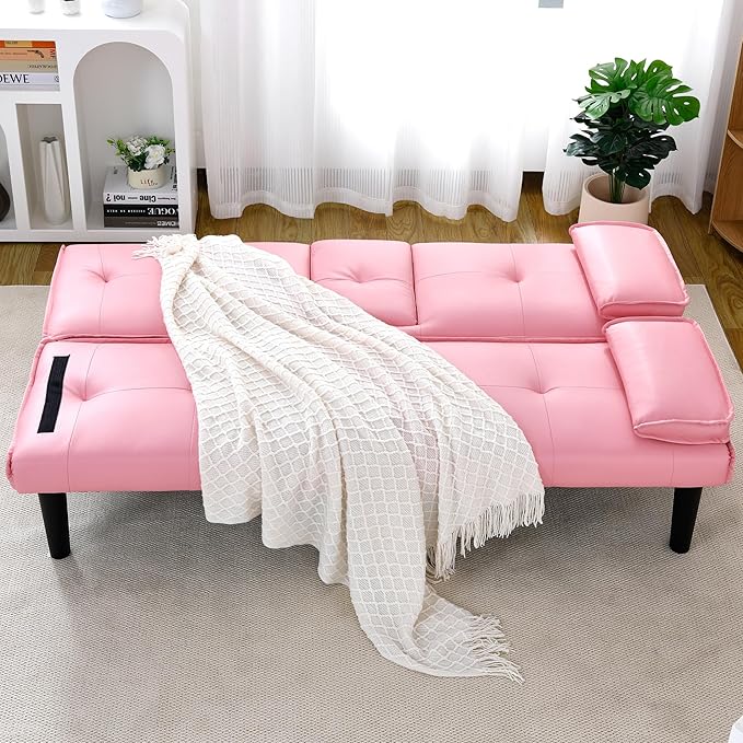Futon Sofa Bed PU Leather Modern Convertible Futon Couch with Removable Armrests Cup Holders Loveseat Sleeper Sofa Bed for Living Room Apartment Small Spaces (Pink)