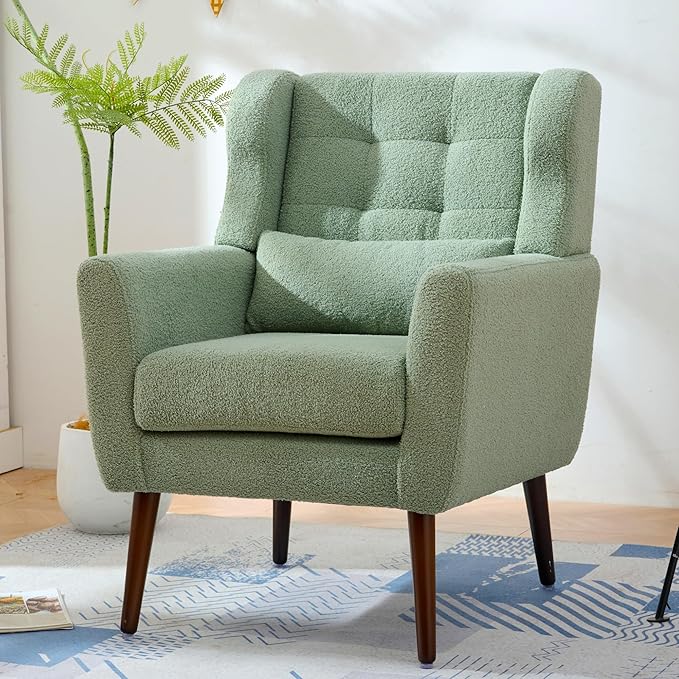 Accent Chair Set of 2 Upholstered Armchair with Pillow Teddy Single Sofa Chair with Lounge Seat and Wood Legs for Living Room Small Spaces
