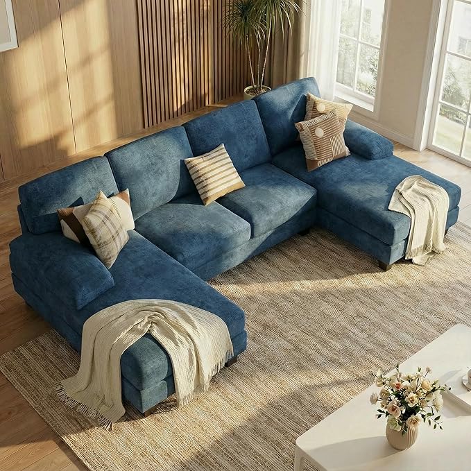 Homall Modular Sectional U Shaped Sofa Couches for Living Room Comfy Chenille 4 Seat Sofa Set with Removable Pillows Lounge Chaise Upholstered Couch for Apartment (Chenille Light Blue)