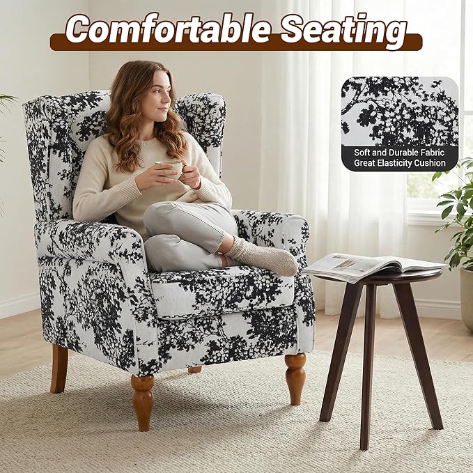 High Back Wingback Accent Chair Modern Upholstered Armchair Comfy Reading Chair with Solid Wood Legs for Living Room Bedroom Library Floral