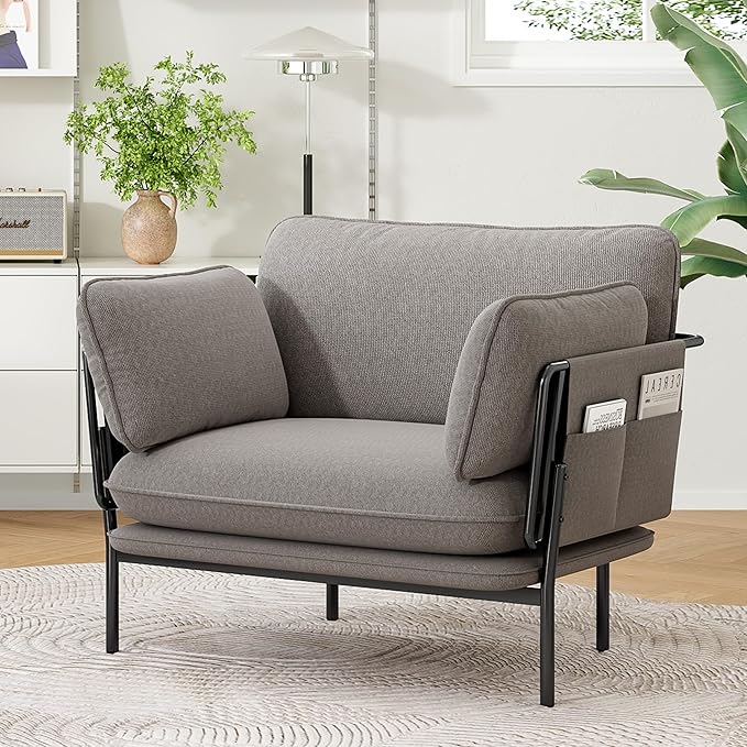 Modern Accent Chairs Set of 2 Oversized Living Room Chairs Reading Chair with Solid Metal Legs Fabric Armchair with Side Pockets and 2 Pillows Accent Chairs for Bedroom Nursery Khaki