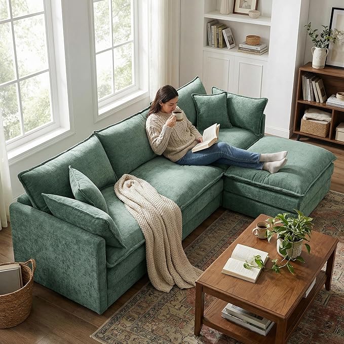 Homy Casa 102 Inch L Shaped Couch Set3-Seat Sectional Sofa with Chaise Comfortable Chenille Fabric Removable Cushions Ottoman DIY CombinationModern Design for Living/Family Room (Mint Green)