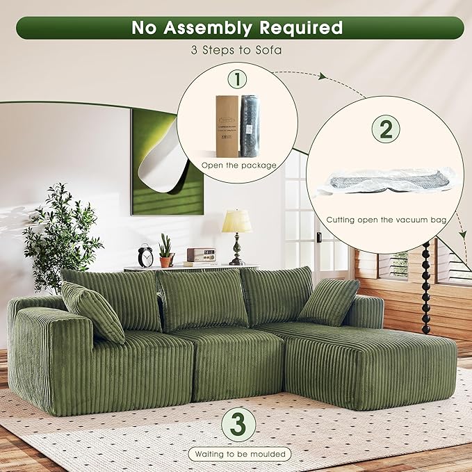 WorthFurni Cloud Modular Sofa Couch with L-Shape ChaiseModern Sectional with Deep Seat Upholstered Couches for Living Room BedroomNo Assembly Required Plush Corduroy Fabric 102(Green)