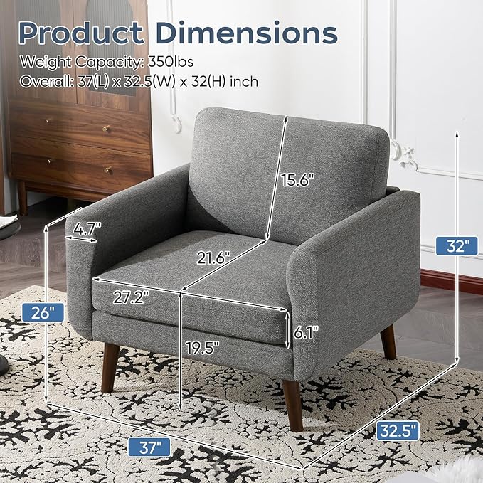 ELUCHANG Accent Chair Set of 1 Oversized Mid Century Modern Arm Chair Soft Linen Fabric Sofa Chairs Upholstered Comfy Chair for Living Room Bedroom Apartment (Grey)