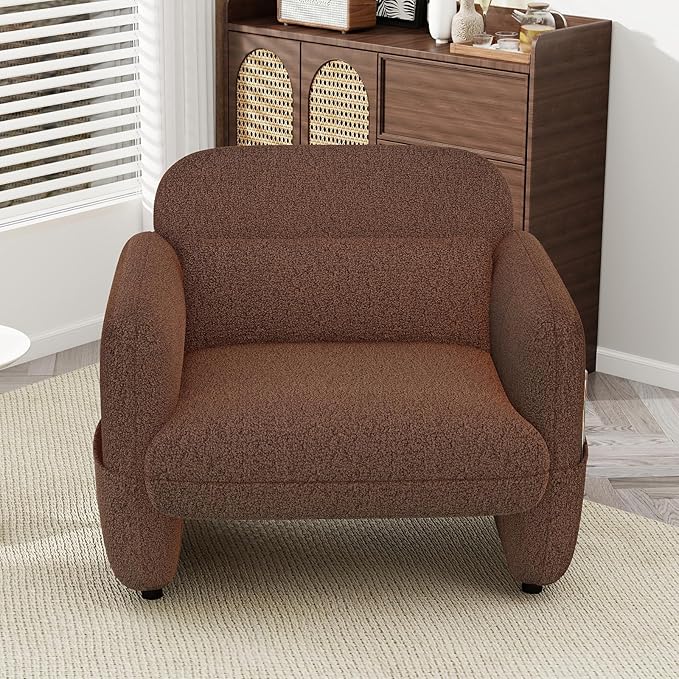 33.46 Accent Chair Oversized Sherpa Lamb Fabric Armchair Big Comfy Upholstered Armed Chair Single Sofa Chair with Waist Pillow for Bedroom Living Room (Dark Brown)