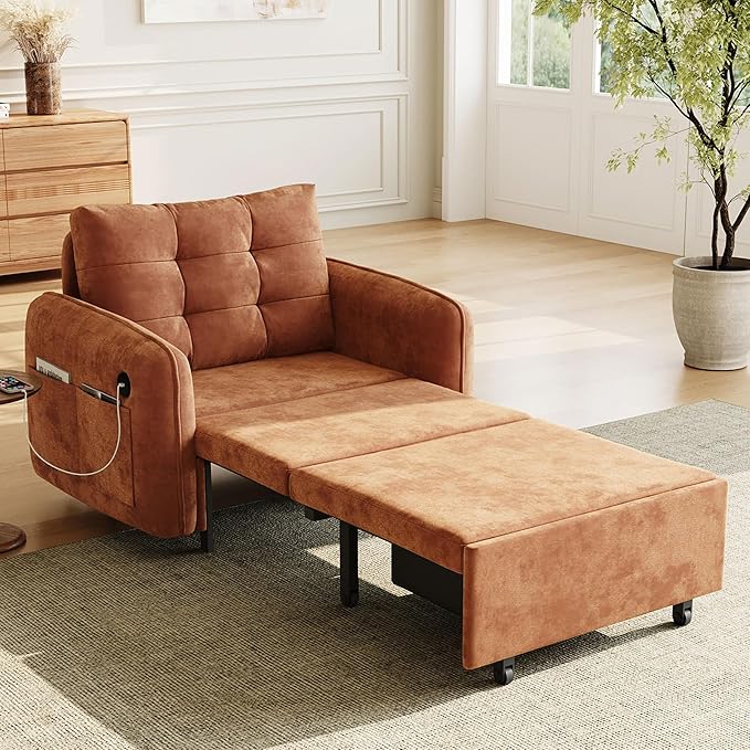 3-in-1 Convertible Sleeper Chair Bed Multi-Functional Chenille Single Sofa Bed with Storage Pockets and Box 80 Extra Long Pull Out Sleeping Lounge Chair for Living Room &amp Apartment (Orange35)