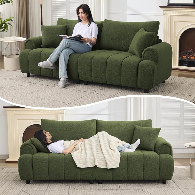 88 Modern Boucle Sofa Couch Oversized Comfy 3 Seater Sherpa Curved Sofas Deep Seat Upholstered Loveseat Teddy Round Arm Couches for Living Room Bedroom Green