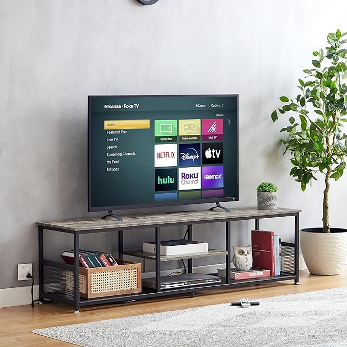 VECELO TV Stand with Power Outlets for Televisions up to 75Inch 62 Media Entertainment Center with Charging Station 3-Tier Open Storage Shelves with Metal Frame for Living Room/BedroomGrey