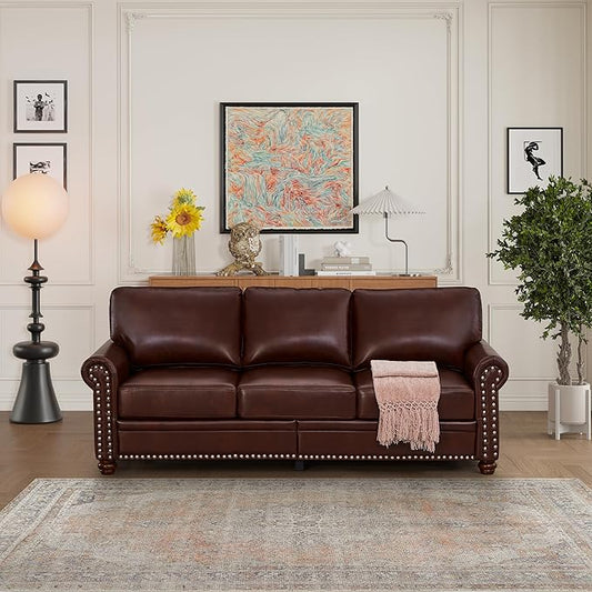 Harper &amp Bright Designs 3-Seat Sofa Couch Faux Leather Upholstered Couch with Storage Space Wood Legs Nails Decoration Modern Sofa Couch for Living Room Bedroom (Burgundy)