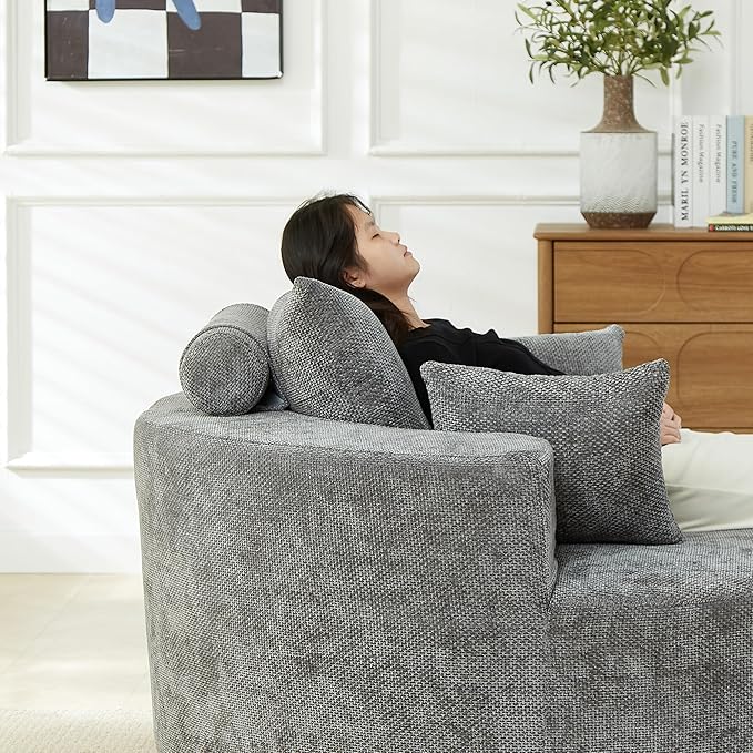 KEIKI 55 Oversized Swivel Accent Chair Chenille Barrel Chairs Upholstered Round Swivel Chair Single Sofa Armchair Sleeper Chair for Living Room Lounge Grey