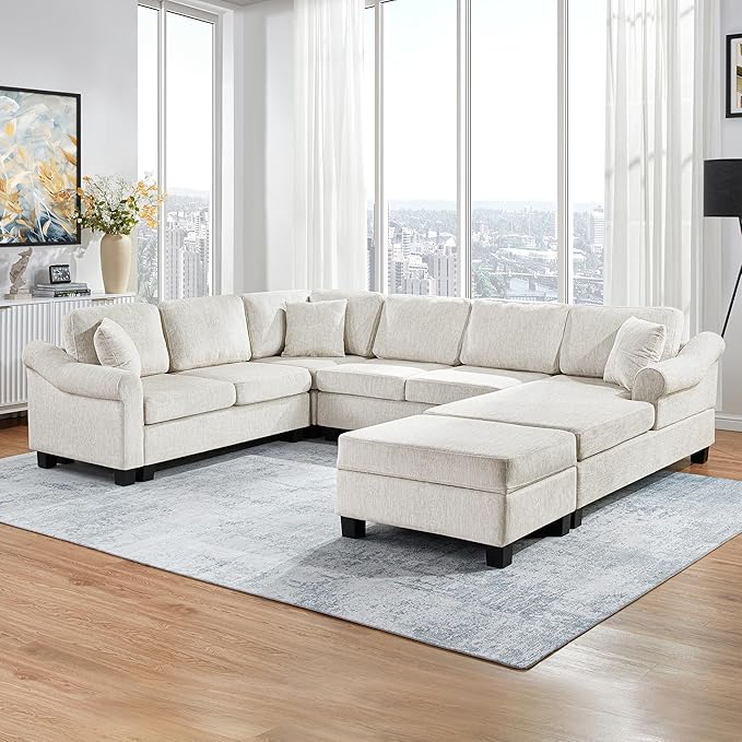 P PURLOVE Sectional Sofa Velvet Large Sectional Sofa with Right Side Chaise Wide Chaise Lounge Couch with Ottoman for Living Room (White)