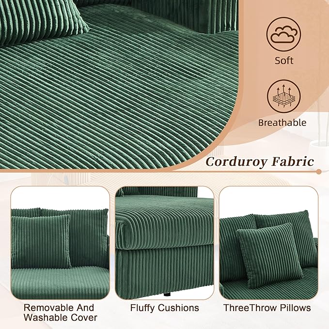 SLEERWAY Modern Corduroy Chaise Lounge Sofa Indoor - 55.9 Comfy Oversized Couch Bed with USB Ports Cup Holder Side Pocket Lights 3 Throw Pillows Lazy Recliner Chairs Living Room (Emerald Green)