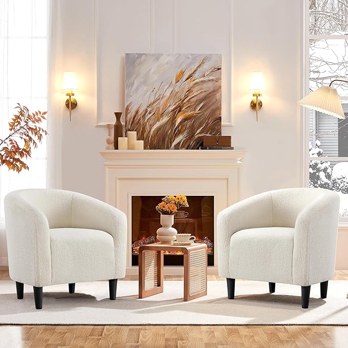 Yaheetech Accent Barrel Chair Boucle Fabric Club Chair Furry Sherpa Elegant Armchair with Cozy Soft Padded Suitable for Living Room Bedroom Reception Room Office Ivory