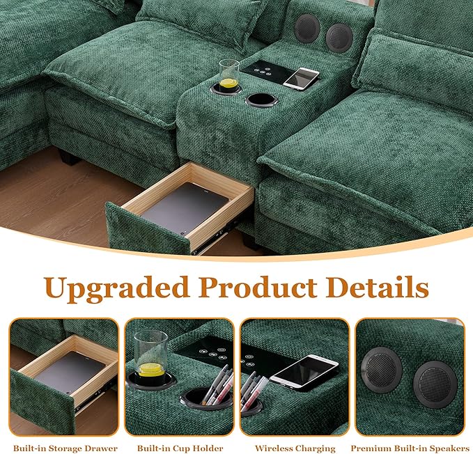 126 Modular Sectional Sofa with Storage Console Cloud Couch Chenille U-Shaped Sofa Cup Holders &amp Wireless Charger Memory Foam Double Chaise for Living Room Office Green