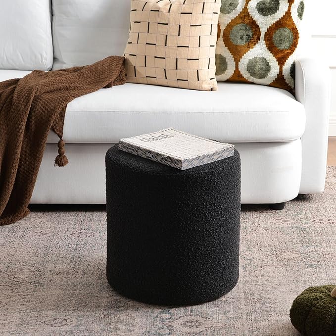 KINWELL 34 Boucle Swivel Barrel Chair with 18 Round Ottoman Set Fully Assembled Set of Sherpa Accent Chair and Footrest Modern Comfy Armchair and Footstool for Living Room and Bedroom Black