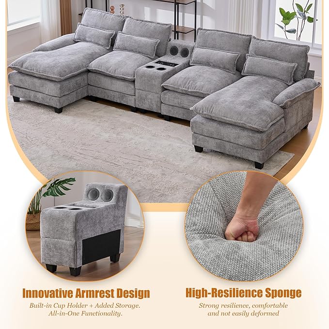 126 Modular Sectional Sofa with Storage Console Cloud Couch Chenille U-Shaped Sofa Cup Holders &amp Wireless Charger Memory Foam Double Chaise for Living Room Office Grey