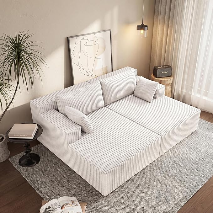 71-Inch Fluffy Corduroy Boneless Sleeper Daybed Loveseat Double Recliner Chaise Lounge Sofa Couches Floor Cloud Sofa Chaise W/4 Pillows for Home Apartment Living Room