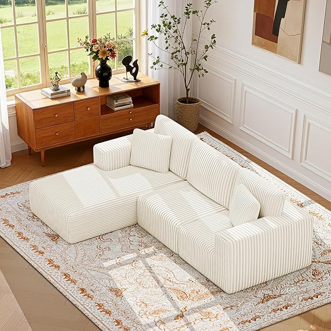 KINGYES 107'' Modular Sectional Sofa L Shaped Cloud Couch for Living Room Modern Plush Corduroy Boneless Sofa with Chaise for Bedroom Beige