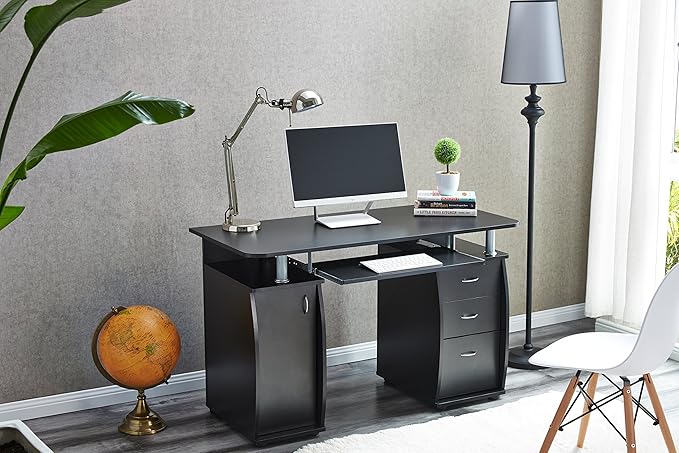 RayGar Black Deluxe Design Computer Desk with Cabinet and 3 Drawers for Home Office Table Workstation - New (Black)