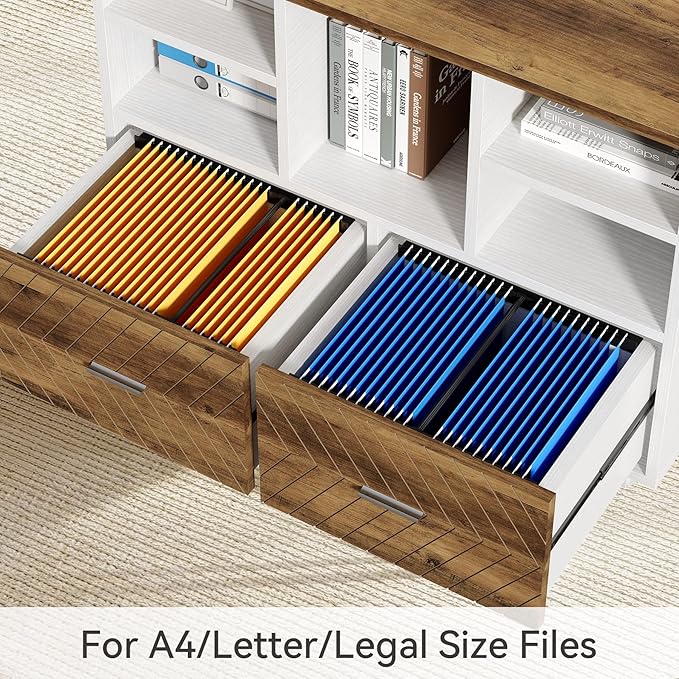LITTLE TREE 63 L-Shaped Executive Office Desk with Reversible File Cabinet Large Modern Office Desk for Home Office 2-Drawer Wood File Cabinet for Hanging Letter Size Files(Oak Karo &amp White)