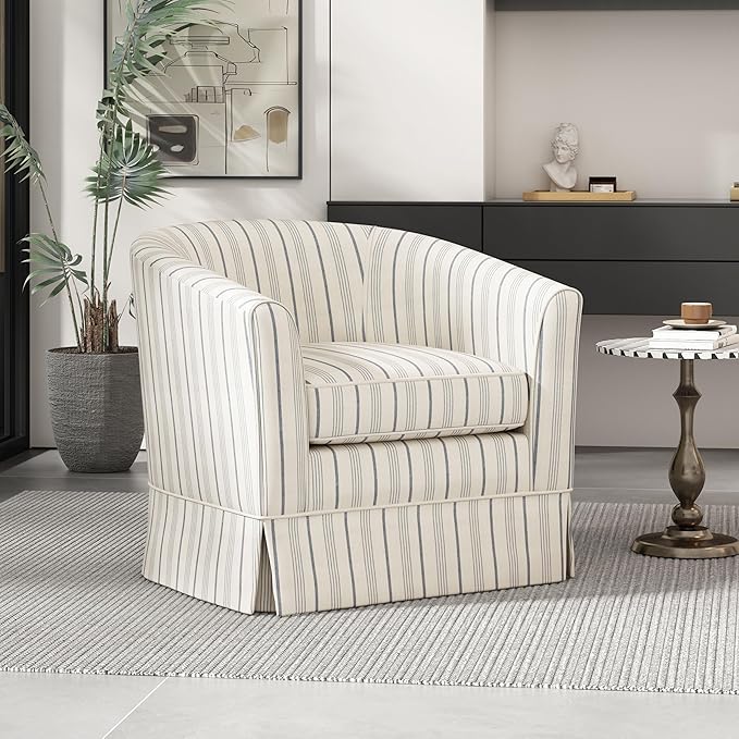 GDFStudio Swivel Accent Chair Upholstered Club ChairComfy Lounge Single Arm SofaModern Reading Chair for Living Room Bedroom Office28.75 x 28 x 27 300 Lbs Heavy Duty Beige Blue Stripe
