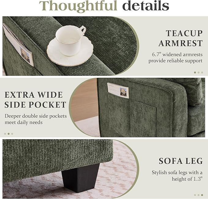TUNYI 130 Sectional Couch with Storage Oversized Chenille Modular Sectional Sofa for Living Room Convertible Deep Seat Sofa Couches with Ottoman Armrest Pillow (Green)