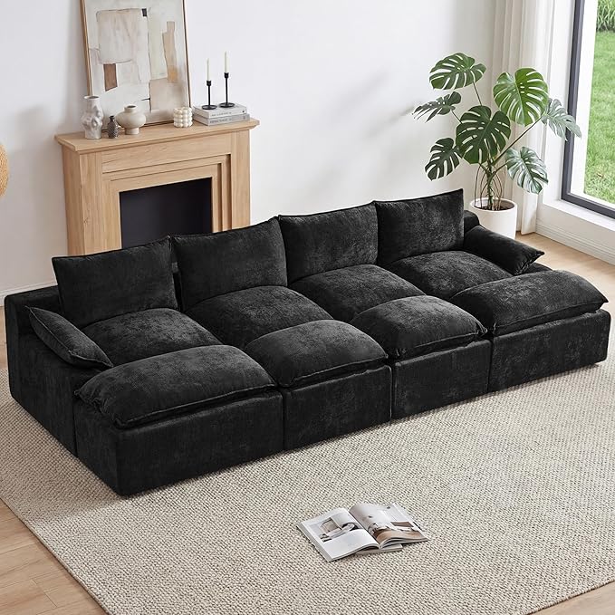 138 4 Seat Boneless Couch with Movable Ottoman Boneless Modular Sectional Sofa Deep Seat Modern Sleeper Sofa Bed for Living Room Cloud Modular Sectional Couch 4 Seat Chenille Chaise Lounge Black