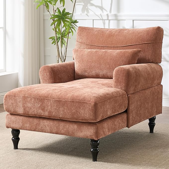 KEIKI Chaise Lounge Chair Indoor Modern Leisure Sleeper Sofa Chair w/Deep Cushion Accent Upholstered Reading Side Armchair Recliner Arm Chairs for Living Room &amp Bedroom Easy Assembly Orange