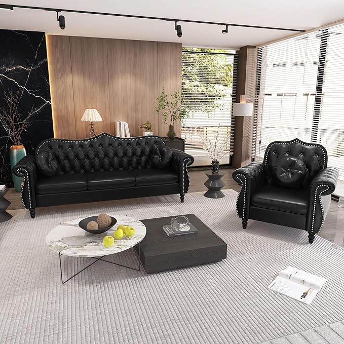 AVZEAR Chesterfield 2-Piece Living Room Sectional Sofa Set Mid-Century Modern Upholstered PU Sofa Couch Classic Tufted Button Sofa with Nailhead Trim for Living Room Office (1+3 Seat Black)