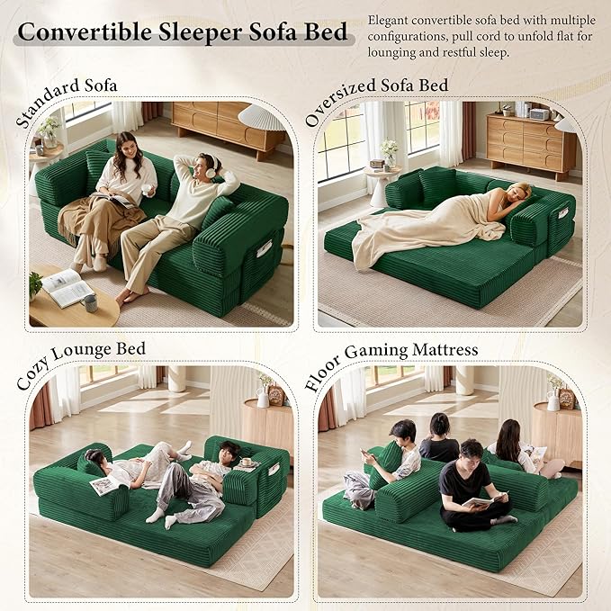 Boneless Couch Folding Couches for Living Room Sofa Futon Sofa Bed with Sleeper Sofa Futon Couch with Fixed-Shape Oversized Corduroy Upholstered (Green 81 Inches)
