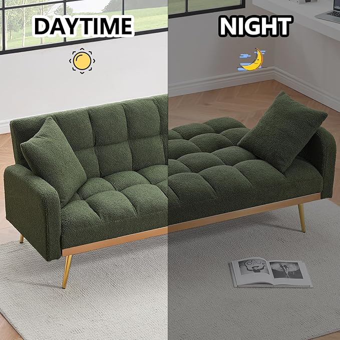 Comfy Futon Sofa Bed with 2 Pillows White Futon Couch Bed with Gold Legs Small Convertible Sofa Bed Couch for Living Room Modern Loveseat for Bedroom Curved Arms Plush Tufted-ShapedTeddy (Green)