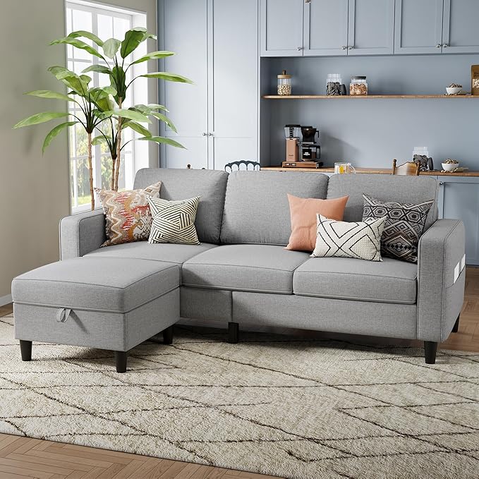 Sectional Sofa and Couches for Living Room 78'' Light Grey 3 Seat L-Shaped Couch with Movable Ottoman Comfy Linen Convertible Sectionals Sofas with Chaise for Apartment Dorm Small Space