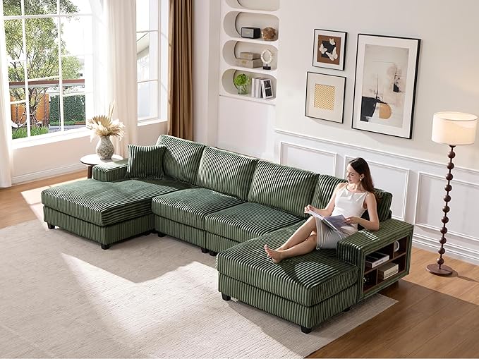 137” Oversized Corduroy Sectional Sleeper Sofa with Double Storage Chaise U Shaped 4 Seat Sectional CouchGreen