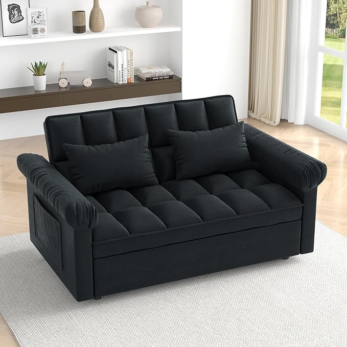 Modern Loveseat Sleeper Sofa with Pull-Out Bed &amp Adjustable Backrest Convertible Sofa Bed with Strong Wood Frame for Small Space Living Room Guest Room Easy Assembly (Black85)