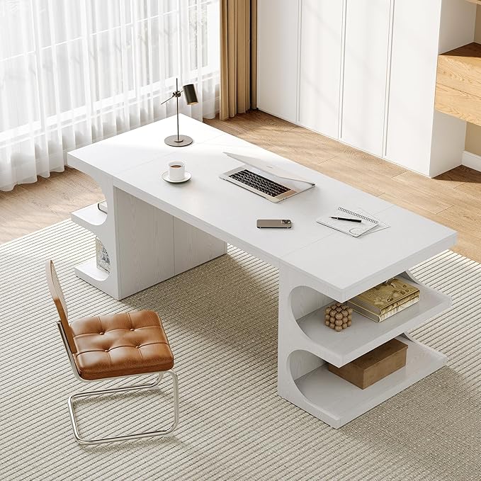 LITTLE TREE 62.2-Inch Executive Desk Modern Home Office Desks Office Table with Storage Shelves for Workspace Large Computer Desk Long Contemporary Writing Desk White