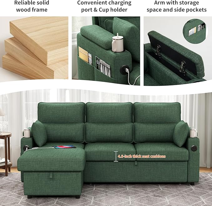 Sectional Sleeper Sofa with Pull Out Couch Bed with Storage Chaise for Living Room Comfy Linen Modular Sectional Sofa with Dual USB &amp Type-C Cup Holders (Green 81 Inches)