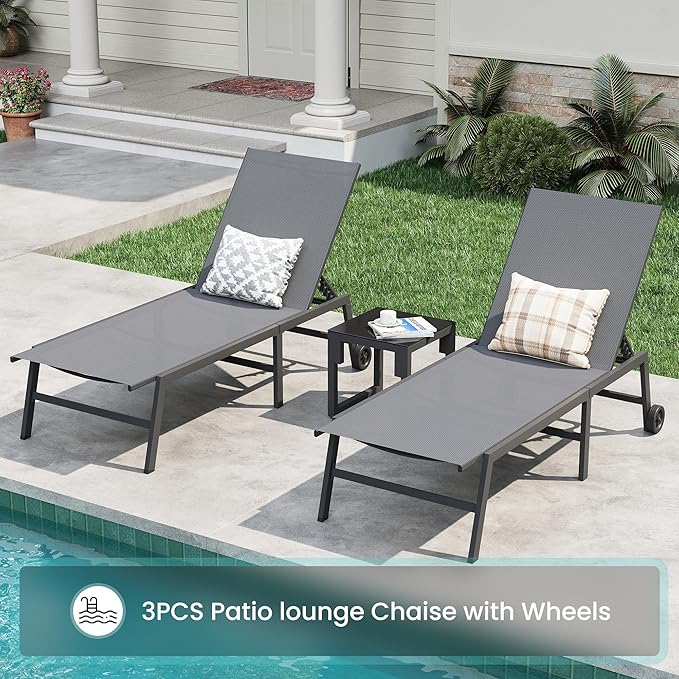 Amopatio 3 Piece Patio Lounge Chairs Set 2 Pool Chaise Lounges with Wheels and 1 Side Table 5-Position Adjustable Lounge Furniture with Heavy-Duty Steel for Backyard Poolside400 LBS CapacityGray